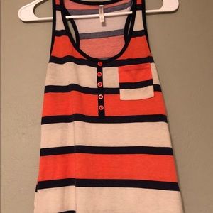 Striped Tank w/ Pocket + Faux Buttons - Coral